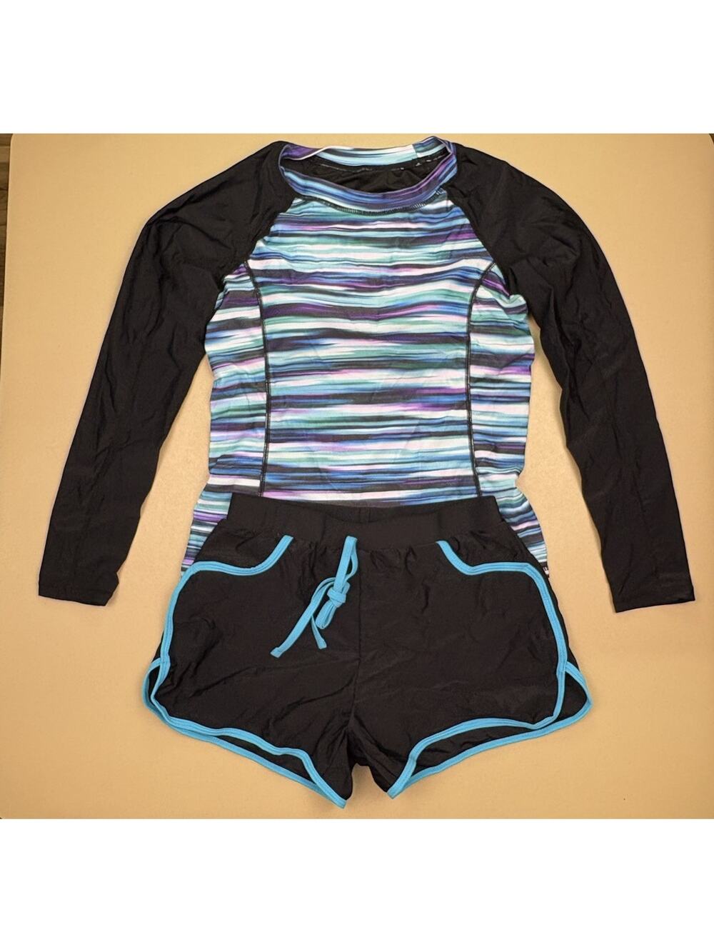 Daci Womens Rash Guard Set Small Swim Shorts Long Sleeve UPF 2 Piece Blue